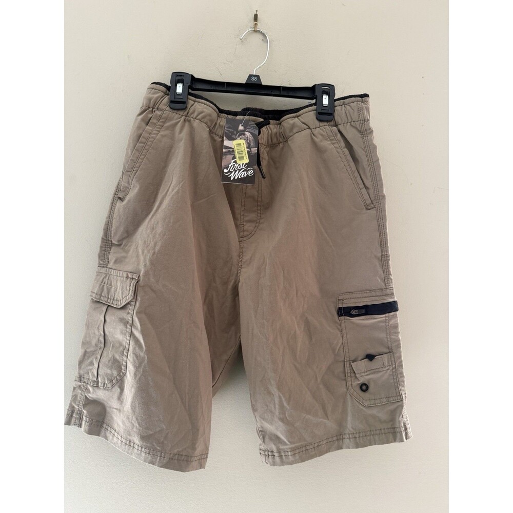 First Wave Shorts Boy's Size 18/20 Biege/Tan Drawstring With Black Trim NWT